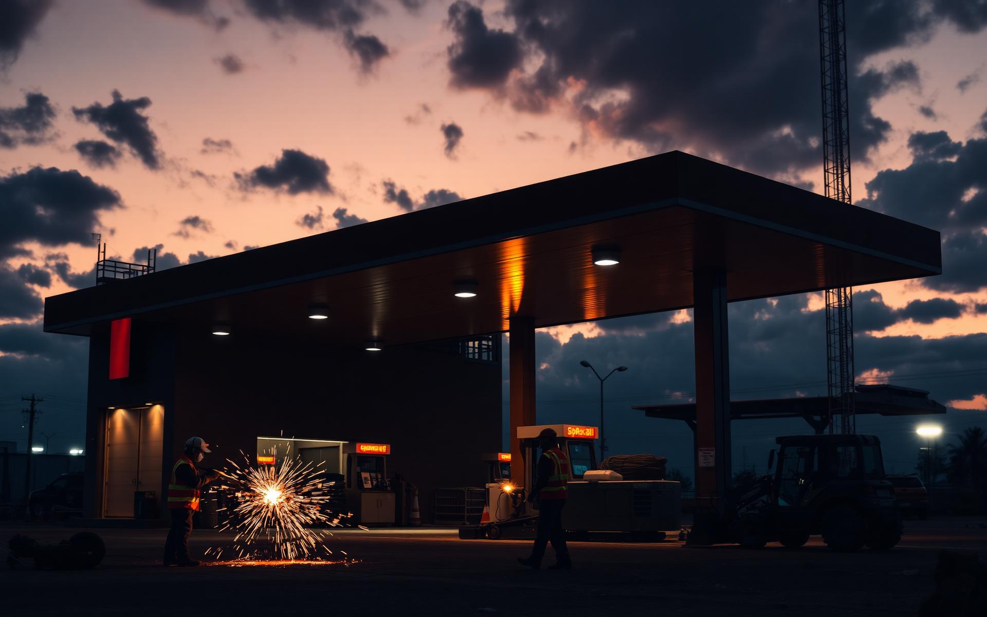 Obra industrial de posto de combustível ao entardecer